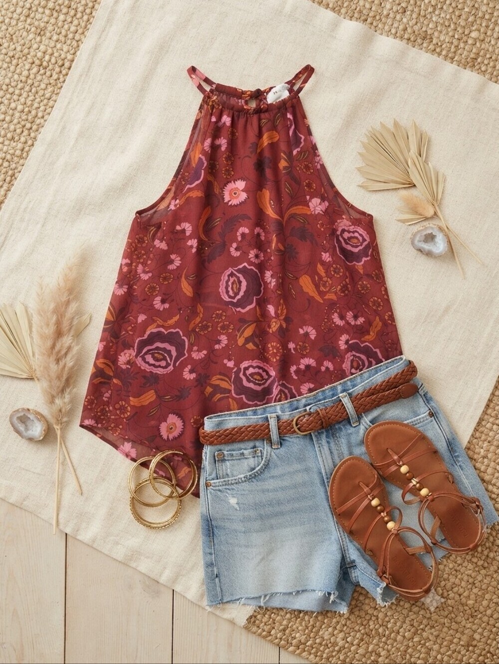 BB Dakota Burgundy Floral Flowy Tie Halter Top